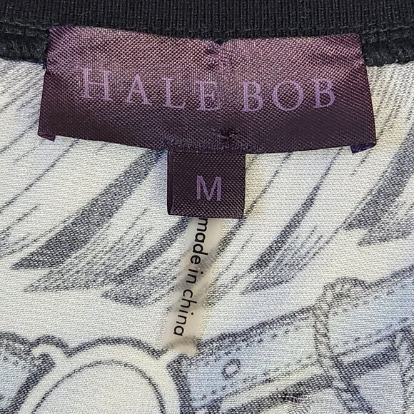 Hale Bob V-Neck Knit Top M Grey Blue Black Harness Print‎ Long Sleeve Stretch - Picture 5 of 10